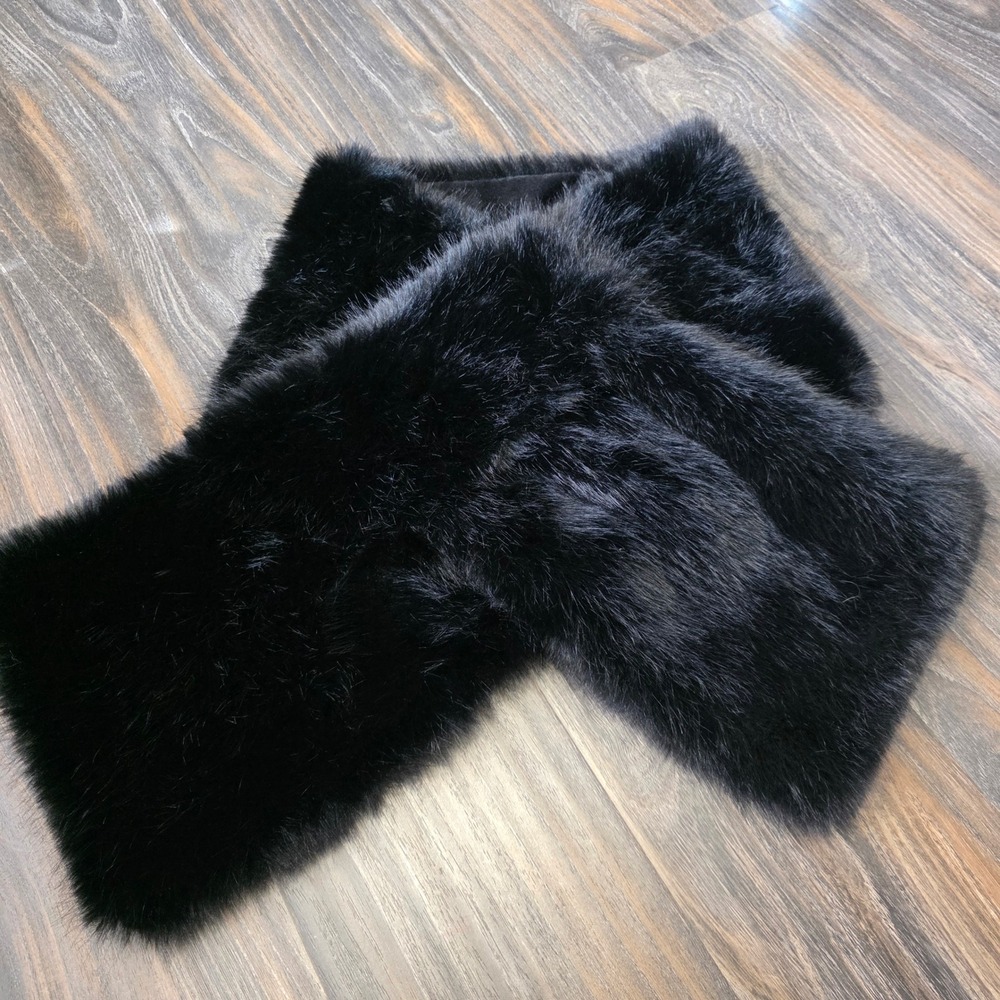 Black Faux Fur Stole Wrap Formal Evening Shawl Plush Velvet Lining 62 In SMALL
